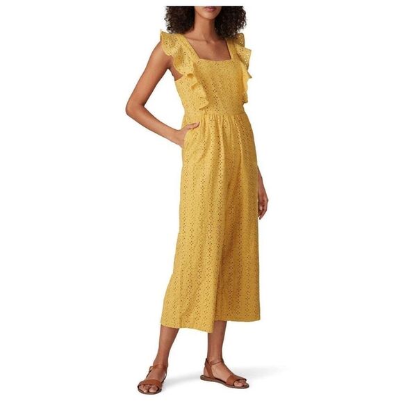 MINKPINK Pants - MinkPink My Friend Yellow Eyelet Flutter Sleeve Crop Jumpsuit Size XS